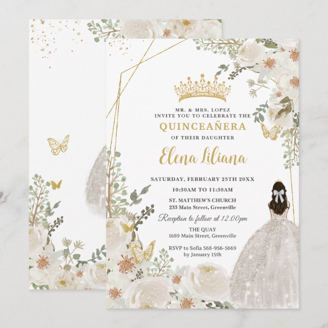 White Ivory Floral Princess Gold Quinceanera 15 XV Invitation (Front/Back)