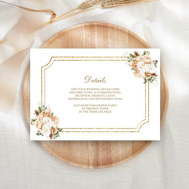 White Ivory Gold Christmas Floral Wedding Details Enclosure Card (Creator Uploaded)