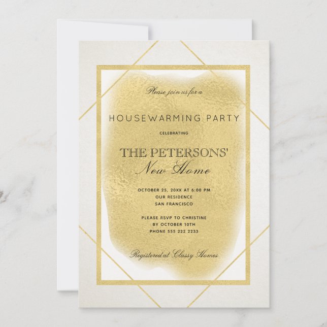 White ivory gold framed formal housewarming party invitation (Front)