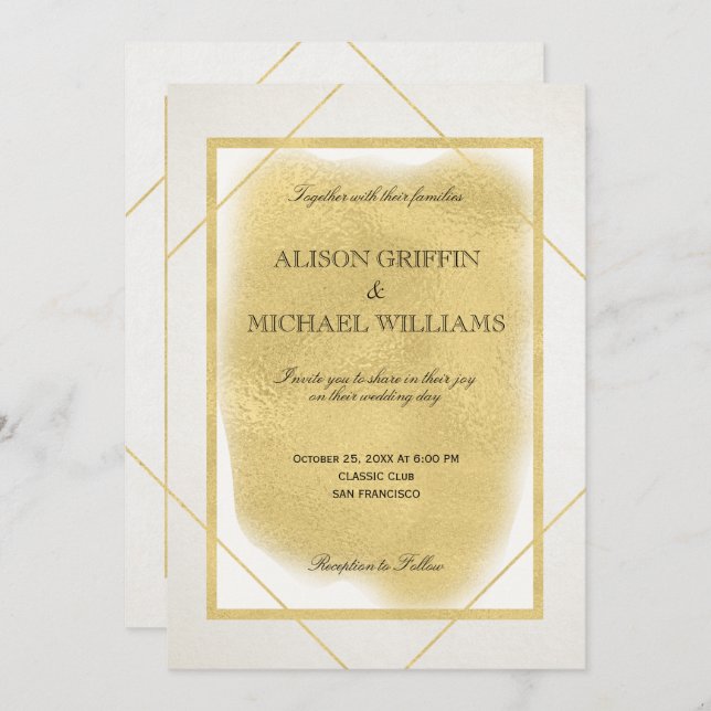 White ivory gold framed modern glam wedding invite (Front/Back)