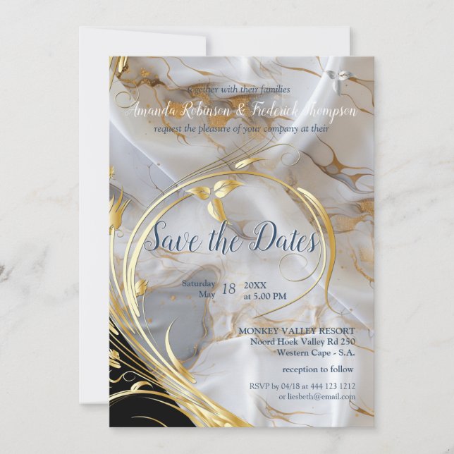 White & ivory gold marble on a silk  invitation (Front)