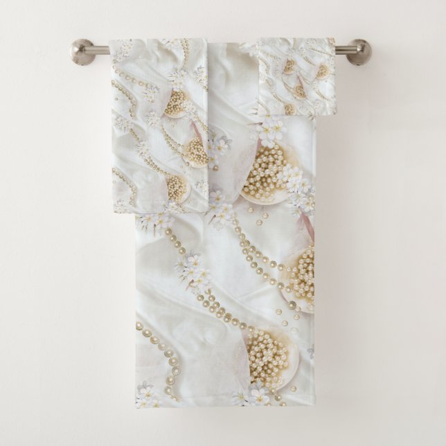 White-Ivory Silk & Ivory Champaign Pearls Bath Towel Set (Insitu)