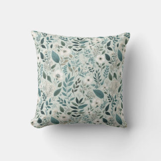 White Ivory Teal Watercolor Floral Cushion