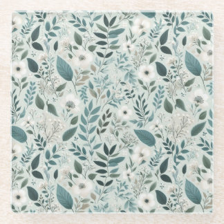 White Ivory Teal Watercolor Floral Glass Coaster