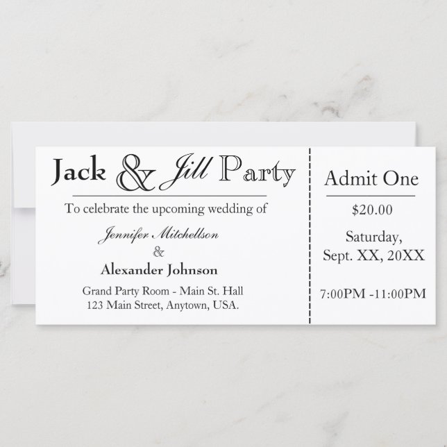 White Jack and Jill Shower Ticket Invitation (Front)