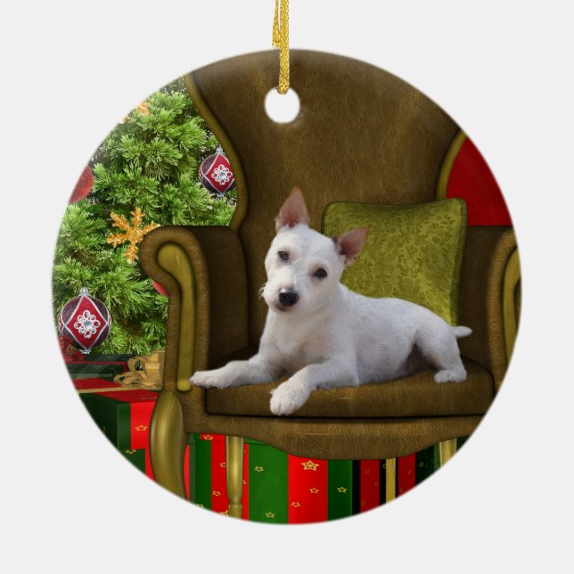 White Jack Russell Christmas Ceramic Tree Decoration (Back)