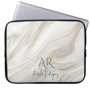 White Jade Marble Gold Glitter Customizable Laptop Sleeve