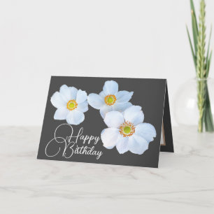 White Japanese Anemones Grey Colour Background Card