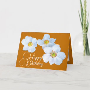 White Japanese Anemones Orange Colour Background Card