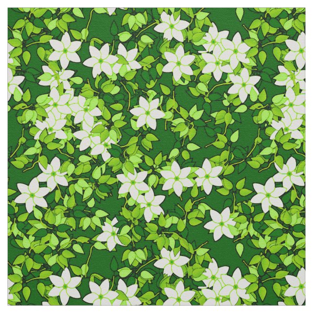 White jasmine among green leaves fabric (Swatch)