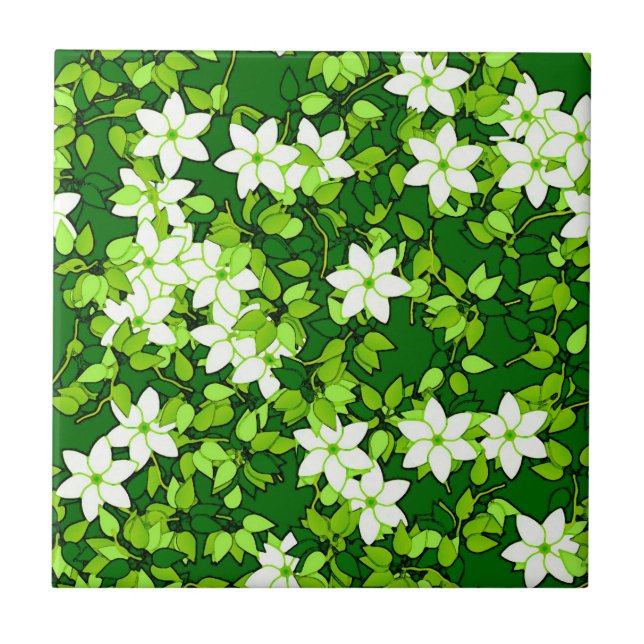 White Jasmine Among Green Leaves Tile (Front)