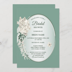 White Jasmine Floral Green Geometric Bridal Shower Invitation