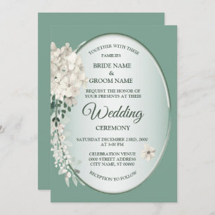 White Jasmine Floral Green Geometric Wedding Invitation