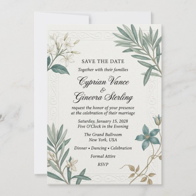 White Jasmine, Olive Branches, Blue Clematis, Embo Invitation (Front)