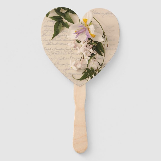 White jasmine with script hand fan (Front)