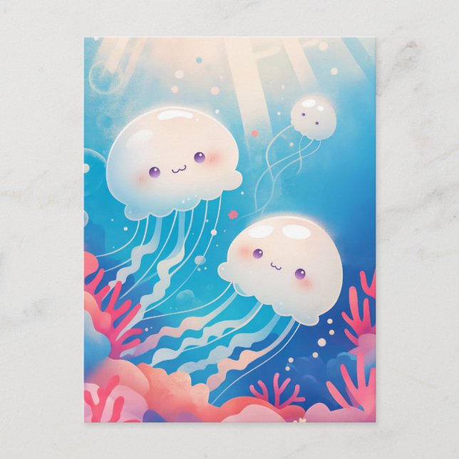 White Jellyfish Couple in Blue Tropical Coral Reef Postcard (Front)