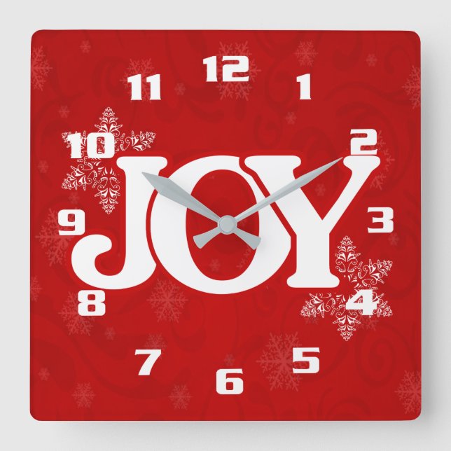 White JOY on Elegant Red Christmas Square Wall Clock (Front)