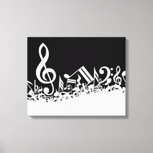 White Jumbled Musical Notes on Black Canvas Print