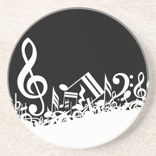 White Jumbled Musical Notes on Black Coaster (Front)