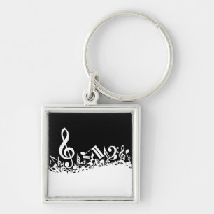 White Jumbled Musical Notes on Black Key Ring