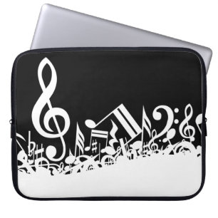 White Jumbled Musical Notes on Black Laptop Sleeve