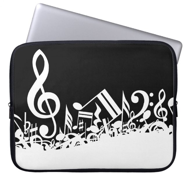 White Jumbled Musical Notes on Black Laptop Sleeve (Front)