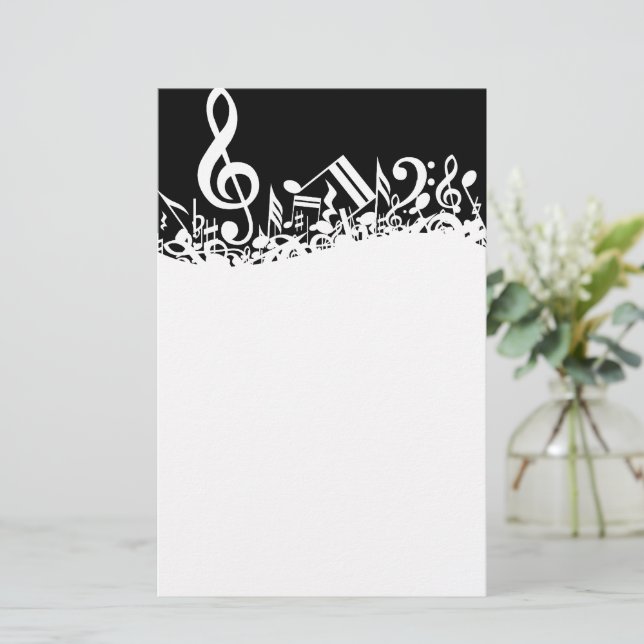 White Jumbled Musical Notes on Black Stationery (Standing Front)