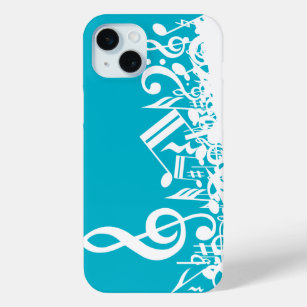 White Jumbled Musical Notes on Turquoise iPhone 15 Mini Case