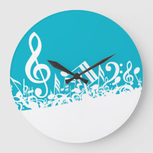 White Jumbled Musical Notes on Turquoise Large Clock