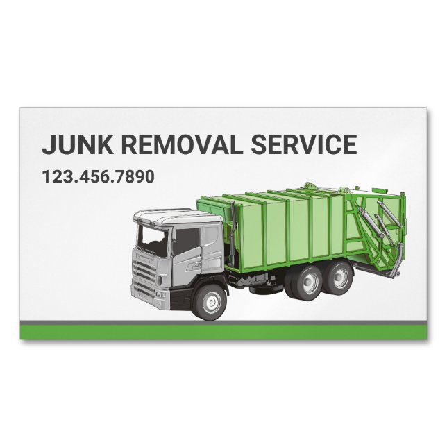 White Junk Removal Service Garbage Truck Magnetic Business Card (Front)