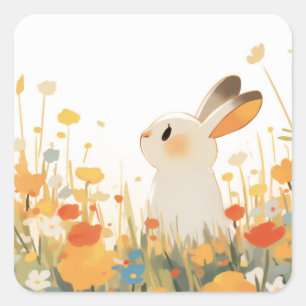 White Kawaii Bunny Rabbit in Wildflower Meadow Square Sticker