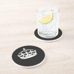 White Keep Calm Crown on Black Coaster