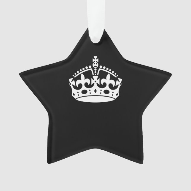 White Keep Calm Crown on Black Ornament (Front)