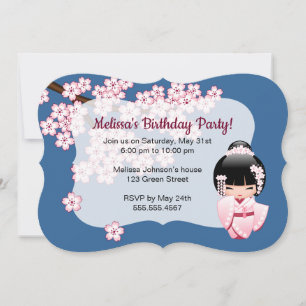 White Kimono Kokeshi Doll - Cute Birthday Party Invitation