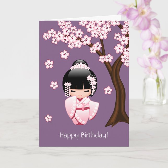 White Kimono Kokeshi Doll - Cute Geisha Birthday Card (Orchid)
