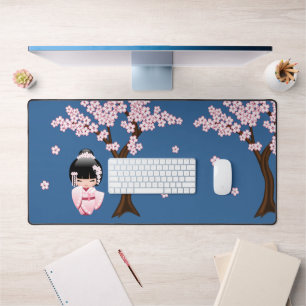 White Kimono Kokeshi Doll Cute Geisha Blue Desk Mat