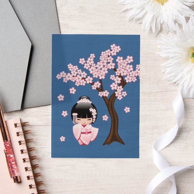 White Kimono Kokeshi Doll Cute Geisha Blue Insert Vellum Invitations (Wedding)