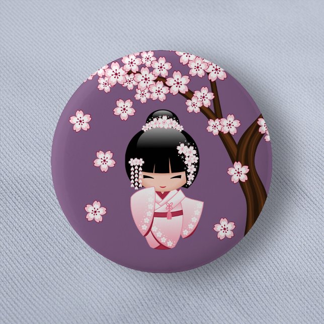 White Kimono Kokeshi Doll - Cute Geisha Girl 6 Cm Round Badge (Creator Uploaded)