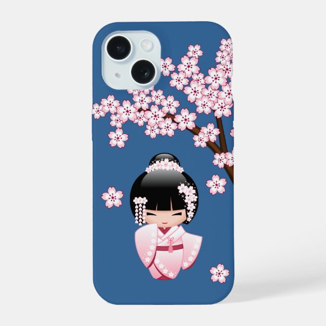 White Kimono Kokeshi Doll - Cute Geisha Girl Blue iPhone 15 Case (Back)