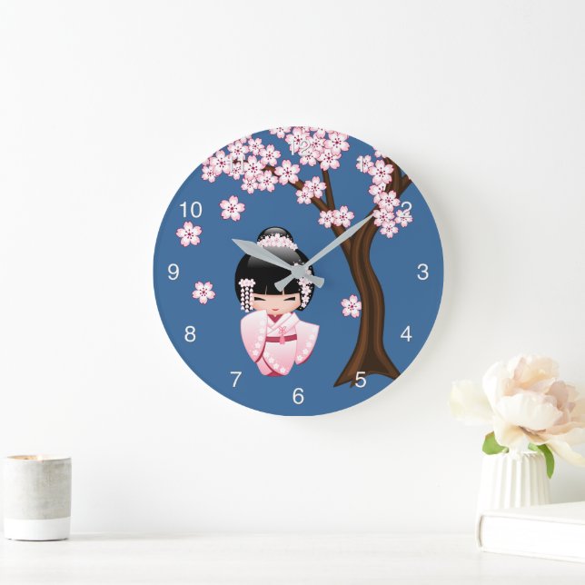 White Kimono Kokeshi Doll Cute Geisha Girl Blue Large Clock (Home)