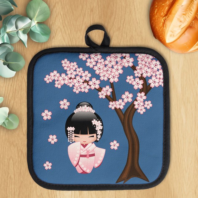 White Kimono Kokeshi Doll - Cute Geisha Girl Blue Pot Holder (Creator Uploaded)