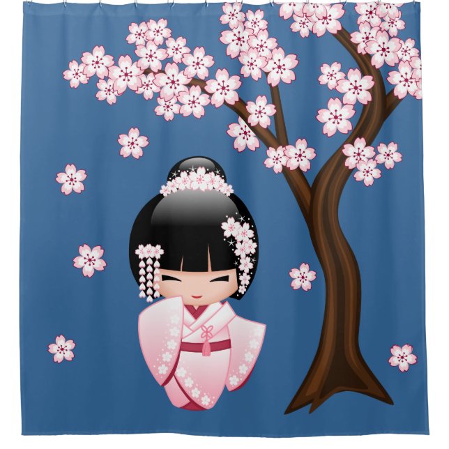 White Kimono Kokeshi Doll Cute Geisha Girl Blue Shower Curtain (Front)