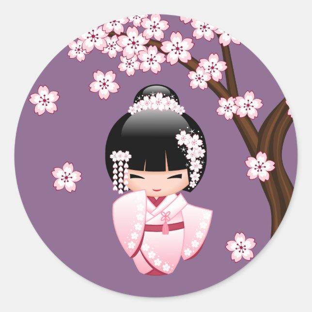 White Kimono Kokeshi Doll - Cute Geisha Girl Classic Round Sticker (Front)