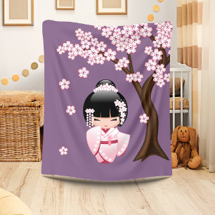 White Kimono Kokeshi Doll - Cute Geisha Girl Fleece Blanket