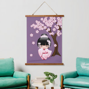 White Kimono Kokeshi Doll - Cute Geisha Girl Hanging Tapestry