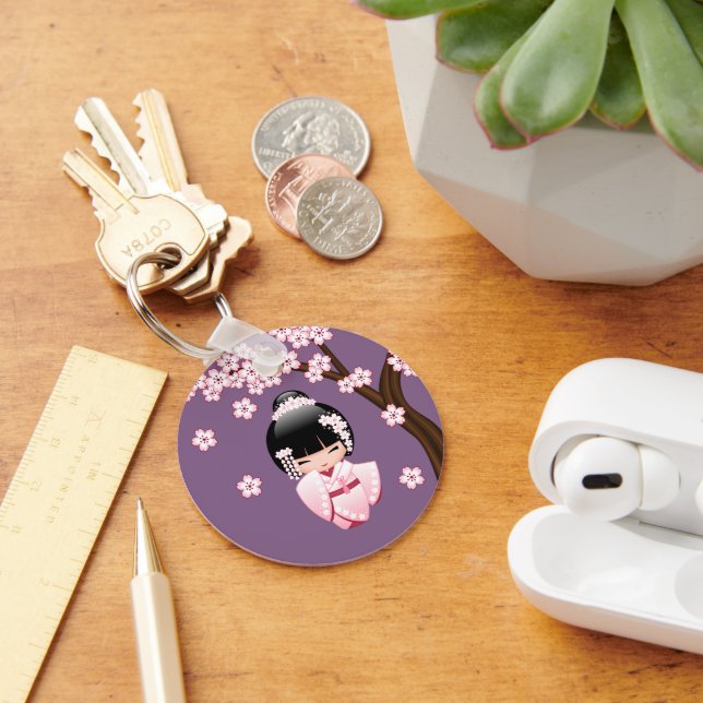 White Kimono Kokeshi Doll - Cute Geisha Girl Key Ring (Desk)