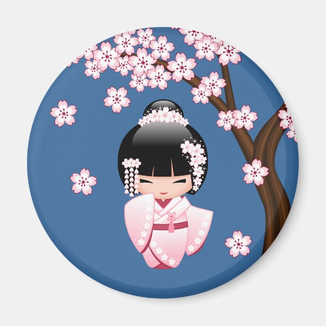 White Kimono Kokeshi Doll - Cute Geisha Girl Magnet (Front)