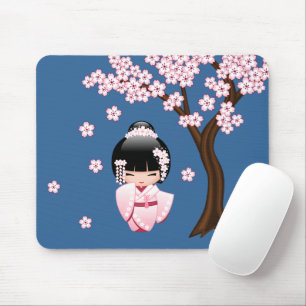 White Kimono Kokeshi Doll - Cute Geisha Girl Mouse Pad