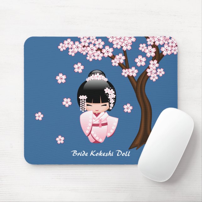 White Kimono Kokeshi Doll - Cute Geisha Girl Mouse Pad (With Mouse)