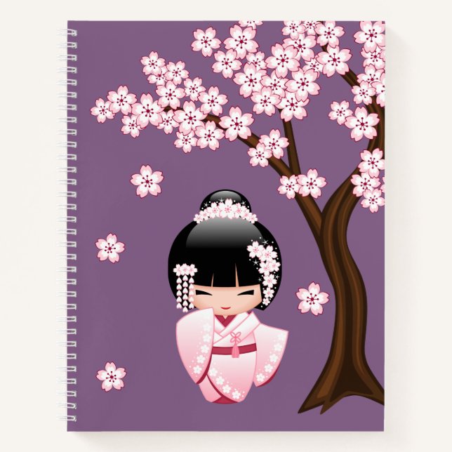 White Kimono Kokeshi Doll - Cute Geisha Girl Notebook (Front)